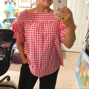 NWT She + Sky Red Gingham Off Shoulder Ruffle Top